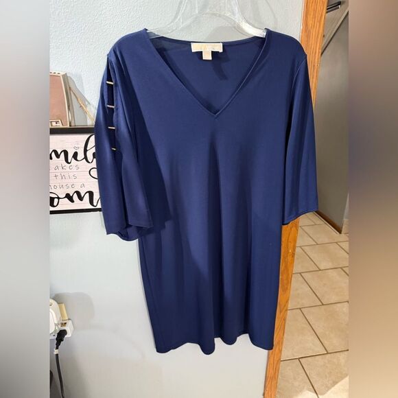 Michael Kors Vneck Navy Blue Shift Shit Dress Gold Open Sleeve Godm Features M - Picture 3 of 7